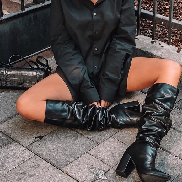 Shoes - Black Slouchy Boot with Block Chunky Heel